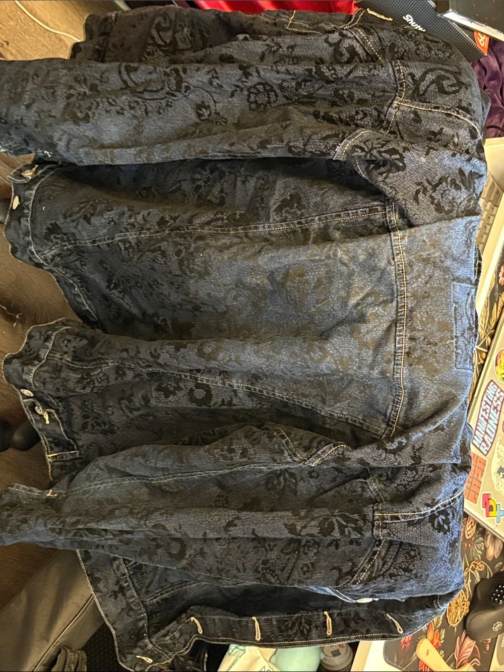 Black Floral-Print Kids Denim Jacket